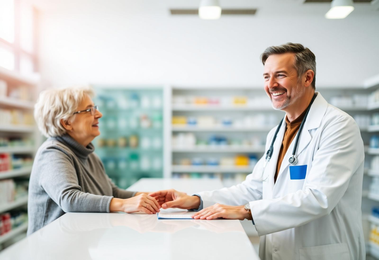 CRMPlatpharm pharmacist consulting with a patient at the counter